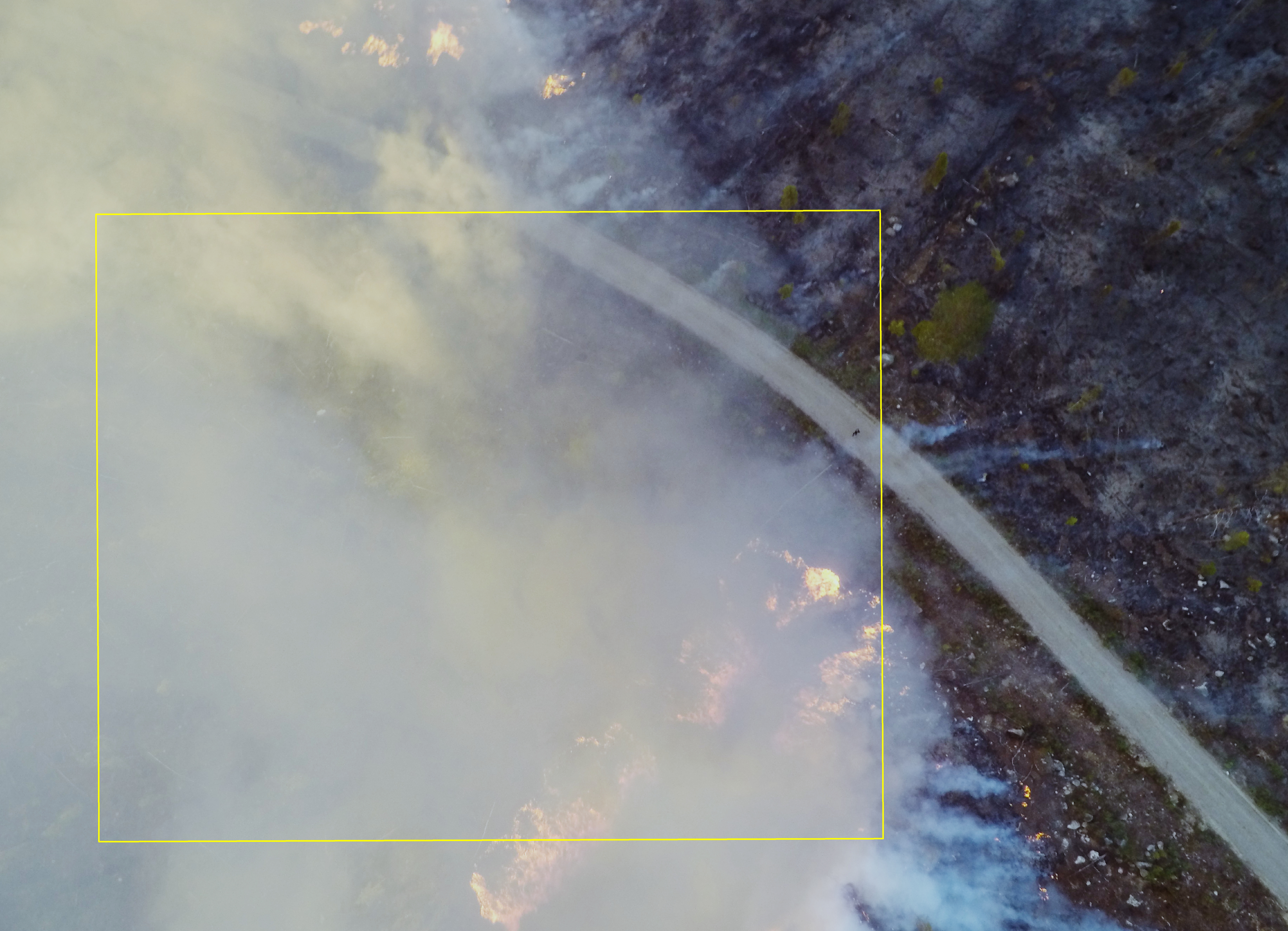 An image taken with a GoPro camera from 80 meters altitude. The yellow border shows the extent of the thermal camera. Note the person walking on the road.