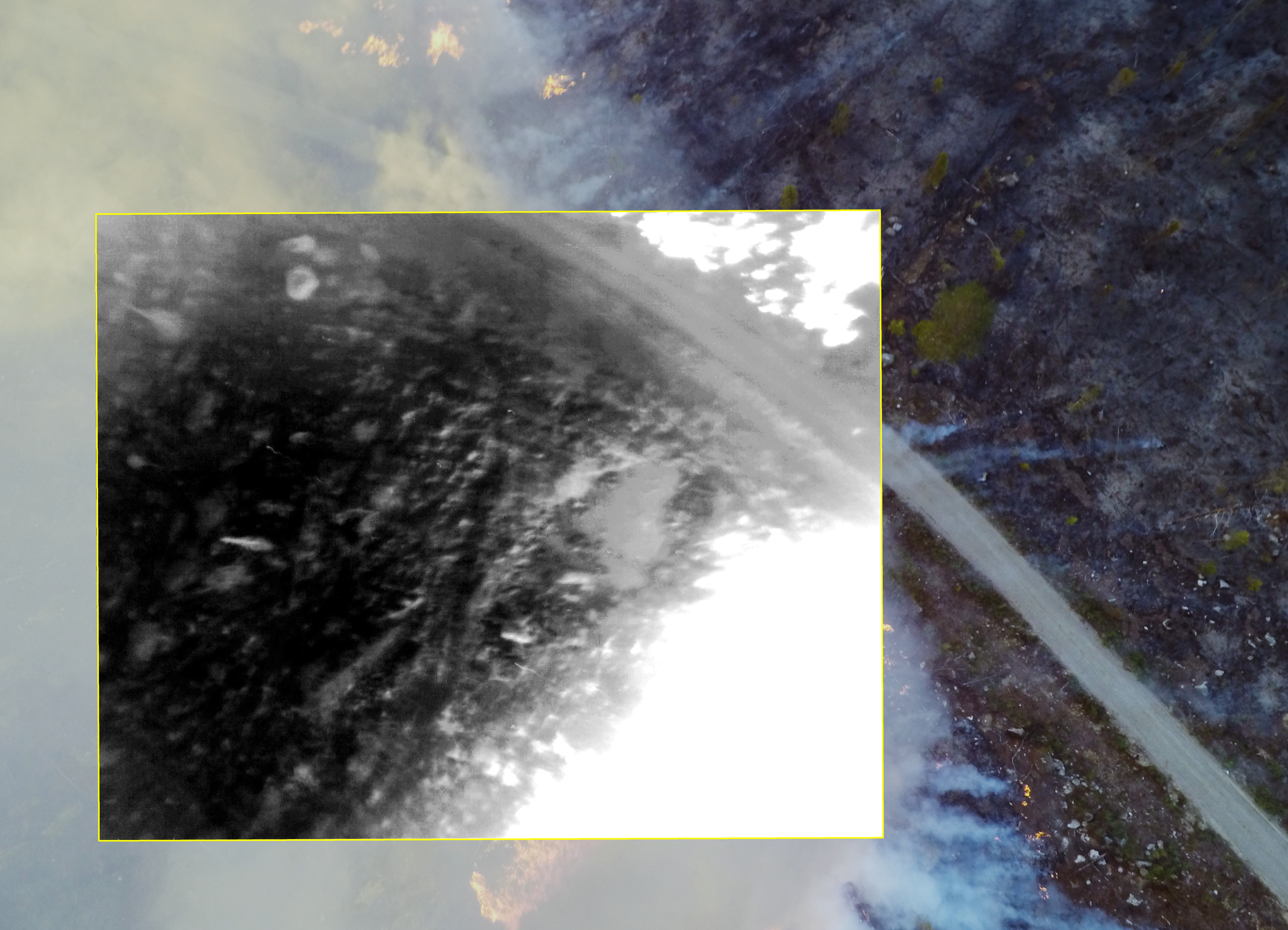 Same as georef1_rgb.jpg, but a thermal image overlaid. White color is warm and black is cold. Note the hot area on the right side of the road which only can be seen in the thermal image.